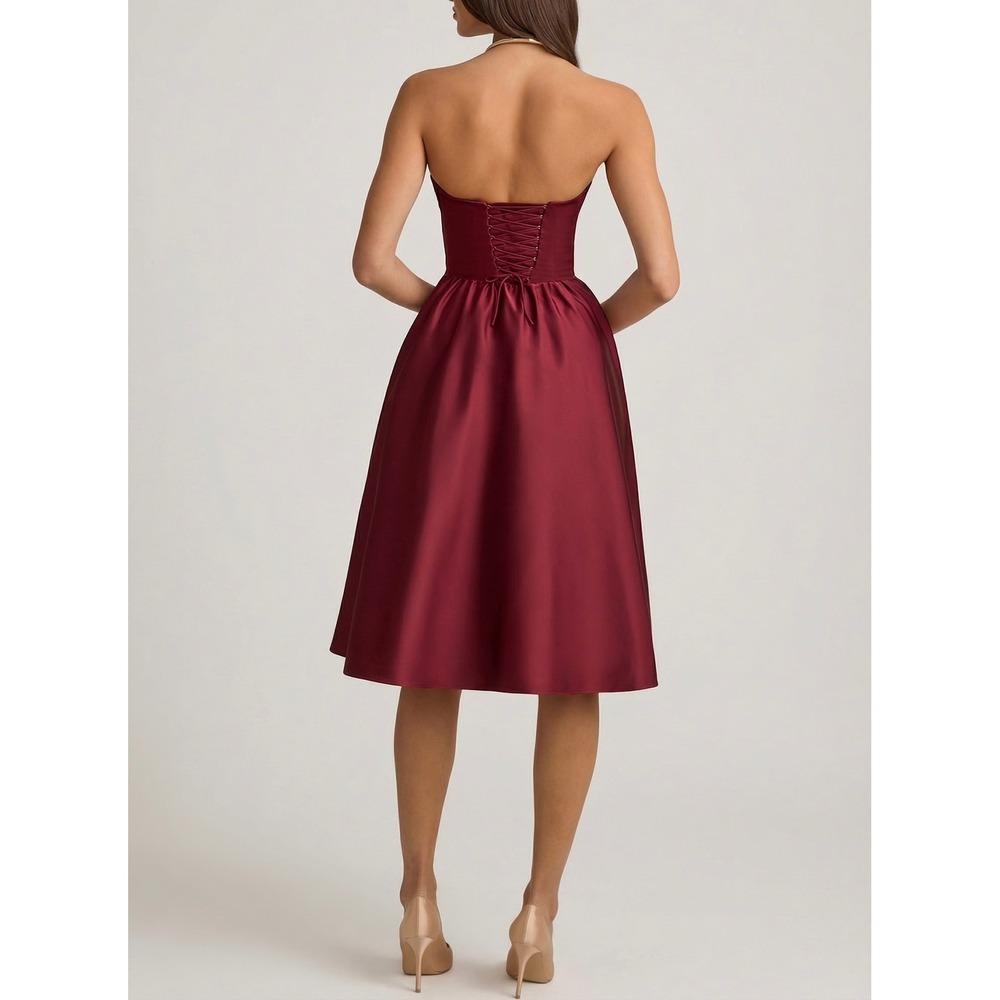 Oh Polly Burgundy Strapless Corset Midi Dress Velvet Bust Lace Up Back US 10 New - Picture 2 of 9